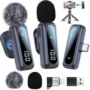 JAENFONG 2 Pack Wireless Lavalier Microphone with Noise Cancellation Wireless Microphone Plug and Play Wireless Mic for Android/