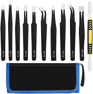 JAENFONG 11 PCS Precision Tweezers Set, ESD Tweezers Set, Premium Craft Tweezers Kit, Anti-Static Stainless Steel Tweezers with Tweezer Storage Bag for Lab, Electronics, Jewelry, Laboratory Work, DIY