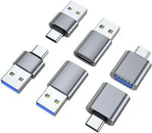 JAENFONG USB C Adapter (6 Pack), USB A Male to USB C Male, USB 3.0 Male to USB C Female, USB Type-C Male to USB 3.0 Female Converter Connector (Grey)