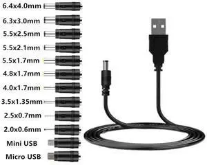 JAENFONG Universal USB to 5V DC Power Cord Charging Cable 5.5x2.1mm Jack With 12 Interchangeable Plug Adapter Micro USB Mini USB DC Plug
