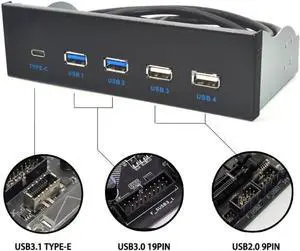JAENFONG  5.25 Inch USB 3.1 GEN2 Front Panel USB Hub 2 Ports USB 3.0 + 2 Ports USB2.0 + 1 Port TYPE-C with TYPE-E Connector for Desktop PC