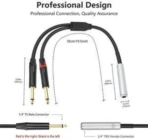 JAENFONG 6.35mm 1/4 TRS Female To Dual 6.35mm TS Male Y Splitter Cable Stereo Breakout Cable for Mixer Speakers and Home Stereo System