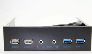 JAENFONG  5.25 Inch Front Panel USB Hub with 2-Port USB 3.0 & 2-Port USB 2.0 & HD Audio Output Port & Microphone Input Port for Desktop [ 20 Pin Connector & 2ft Adapter Cable]