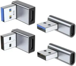 JAENFONG 90 Degree USB to USB C Adapter 4 Pack, Up and Down Angle, Left and Right Angle Type C Female to A Male Converter Extender for PC, Laptop, USB A Charger, Power Bank and More (Grey)