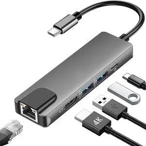 5 in 1 USB C Ethernet Multiport Adapter for MacBook, USB C Hub to 4K@60oz HDMI Splitter with 2 USB 3.0 1 PD Dock Dongle, Compatible with MacBook Pro Air/Chromebook/Dell XPS/HP/Matebook