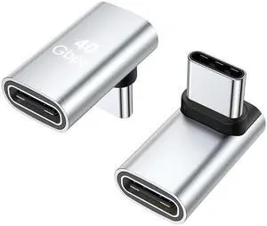 JAENFONG 90 Degree USB-C Male to Female Adapter, 2 Pack Right Angle 100W Type-C Adapter Extender for Steam Deck, ROG Ally, Switch, Notebook Computers, Tablet and Mobile Phones (Silver)
