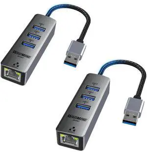 JAENFONG USB to Ethernet Adapter, USB Ethernet Adapter for Laptop, RJ45 Hub with 3*USB 3.0 Gigabit 10/100/1000 Mbps Support Windows, Mac OS, Surface Pro, Linux, XPS, Smart TV, and More (2Pcs)
