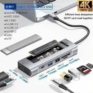 JAENFONG  USB C Docking Station with M.2 NVMe/SATA SSD Card Reader, 8 in 1 USB C Hub with 4K HDMI, 10Gbps USB C, 100W PD, 10Gbps USB3.2 Ports,USB-A, SD/TF Card Reader for Type-C Laptops