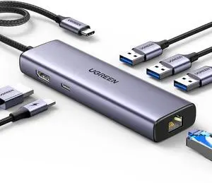 JAENFONG  Revodok 6 in 1 USB C Hub Gigabit Ethernet Adapter with 4K HDMI, 100W PD Charging, USB A Data Ports Compatible with Mac M1, M2, M3, iPad, iPhone 16 Pro/Pro Max, Steam Deck