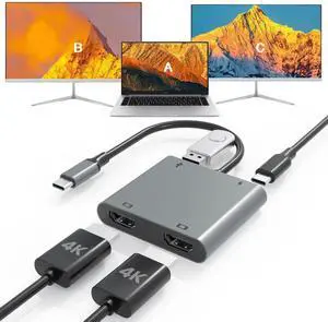 USB C to Dual HDTV Adapter,4K@60Hz HDTV Splitter Extended Display for Dual Monitors, 100W PD, USB-A Port, Windows Allows Multi-Monitor Display 3 Separate Screens, macOS Only Allows Mirror Mode