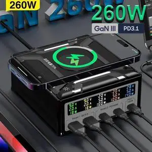 260W Charging Station with Wireless Charging, 5-Port USB Charging Station, Desktop Laptop Charger Portable USB-C Power Adapter for iPhone iPad Tablets Smartphones, Home Office
