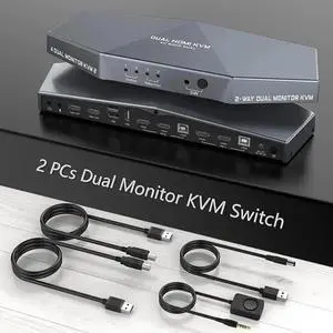 4K@60HZ 2 PCs Dual Monitor KVM Switch, HDMI KVM Switch Dual Monitor Suitable for 2 Computers + 2 Monitors with Audio, USB Powered, Hotkey Switch, 4K Monitor hdmi Switch with Cables