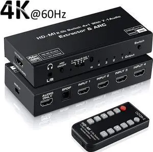 4 Port 4K HDMI Switch with Optical & 3.5mm AUX Audio Out, 4 in 1 Out HDMI 2.0 4K@60Hz HDMI 2.0b Audio Extractor Splitter with Remote, Support ARC, HDR, HDCP 2.2, 18Gbps, Dolby Vision