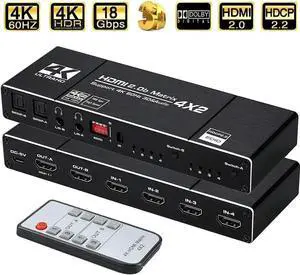 4K@60Hz HDMI Matrix 4 in 2 Out, 4 X 2 Switcher with HDR10,2xSPDIF Audio, 2x3.5mm L/R Audio, EDID, Downscaler 4K to 1080P and RGB 8:8:8