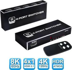8K HDMI 2.1 Switch 4K 120Hz 4 in 1 Out, 8K@60Hz HDMI 2.1 Splitter Switcher Selector Box 4-Port with Remote 4K 120Hz 2K 144Hz, HDMI 4x1 HDR, 48Gbps, CEC, Dolby Vision, for Xbox Series X PS5