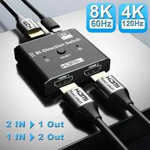 HDMI Switch 2 in 1 Out 8K@60Hz, [Aluminum Case, HDCP 2.3] Bidirectional 2x1/1X2 Switcher Splitter UHD Compatible for PS5/4, Xbox, Roku, FireStick