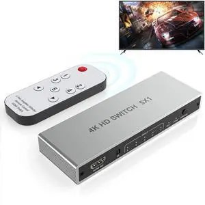4K HDMI Switch 5 in 1 Out - 4K@60Hz HDMI Switch with Remote, 5 Port HDMI Switcher Selector Support 3D HDR CEC HDCP2.2 Compatible with PS 5/4/3 Xbox Switch Roku TV