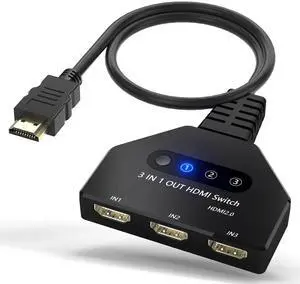 HDMI Switch, HDMI Splitter 3 in 1 Out 4K@60Hz, 3-Port Switcher Selector with Pigtail Cable, Multi-Port Hub Supports 3D, HDCP2.2, HDR Compatible with Laptop, Xbox, Blu-Ray Player, Etc.