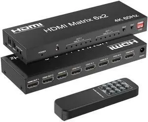 6x2 HDMI 2.0 Matrix Switch Splitter, 6 in 2 Out HDMI Matrix Switcher Selector Supports 4K@60Hz 18Gbps UHD HDR HDCP 2.2, with Remote Control & Optical SPDIF 3.5mm Audio Extractor, EDID Management
