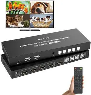 MT-VIKI 4K Quad HDMI KVM Multiviewer Switch 4 Port w/PIP POP Mouse-Borderless Multi-viewer, with 3.5mm Audio