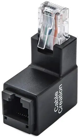 Right-Angle Ethernet Adapter - Cat5e/Cat6 RJ45 90° & 270° Up/Down Angled Connector (Female to Male) for Space-Saving Network Setups