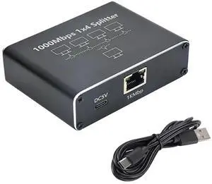 Gigabit Ethernet Splitter 1 to 4 - Network Splitter with USB Power Cable, RJ45 Internet Splitter Adapter 1000Mbps High Speed for Cat 5/5e/6/7/8 Cable [4 Devices Networked Simultaneously]