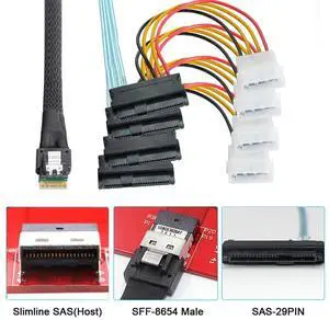 JAENFONG Slimline SAS 4.0 SFF-8654 4i 38pin Host to 4 SAS 29pin SFF-8654 Target Hard Disk Fanout Raid Cable 100cm