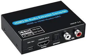 HDMI Audio Extractor Converter, 4K@60Hz Audio Adapter with Optical SPDIF + 3.5mm Stereo + Analog RCA L/R Audio Adapter, HDMI ARC Converter Supports 5.1 HDCP 2.2 HDR 18Gbps, for PS5 Xbox HDTV