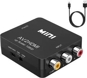 RCA to HDMI Converter, 1080P AV to HDMI RCA Composite CVBS Video Audio Converter Adapter Supporting PAL/NTSC for Xbox/PS2/Wii/SNES/N64/VHS/VCR/DVD (Black)
