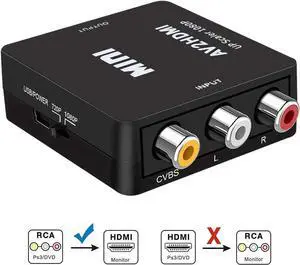 3RCA Composite CVBS AV to HDMI Video Audio Converter Adapter Mini Box Support 1080P PAL/NTSC with USB Charging Cable for PC Laptop Xbox PS4 PS3 TV STB VHS VCR DVD,Black
