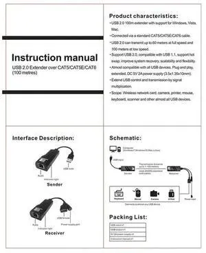JAENFONG USB 2.0 Extender Over Cat5 Cat5e Cat6 Ethernet Cable Transfer Up To 100M RJ45 Receiver With DC5V/2A Power Adaptor