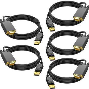 JAENFONG 5 Pack DisplayPort to VGA Cable 6FT, Display Port DP to VGA Adapter, 1080P@60Hz Video Cord from Laptop/Computer (DP) to Monitor/Projector (VGA), (Not Bidirectional, Not for HDMI or USB)