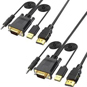 JAENFONG VGA to HDMI Cable 6FT/2 Pack with USB Power and Audio, 1080P@60Hz PC VGA Source Output to TV/Monitor with HDMI Connector, Male to Male for Computer Desktop Laptop Monitor Projector