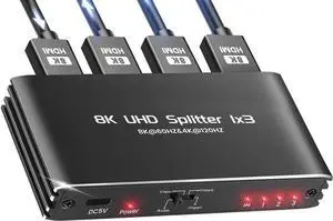 HDMI Splitter 1 in 3 Out - 1x3 HDMI Display Duplicate/Mirror - Powered Splitter 4K 120Hz, 8K @ 60Hz (One Input To Three Outputs) - 1 Source to 3 Identical Displays HDMI Splitter 1 in 3 Out - 1x3 HDMI Display Duplicate/Mirror - Powered Splitter 4K 120Hz, 8K @ 60Hz (One Input To Three Outputs) - 1 Source to 3 Identical Displays