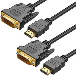 HDMI A to DVI Adapter Cable 6ft, 2 Pack Bi-Directional 1080P HDMI to DVI-D Cable Male to Male, High-Speed Gold-Plated for Raspberry Pi, Roku, X-Box One, PS3/4/5, Graphics Card