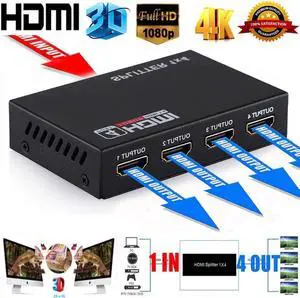 1X4 HDMI Splitter, HDMI Splitter 1X4 Out Video Converter with Full HD 1080P 4Kx2K@30Hz and 3D Resolutions