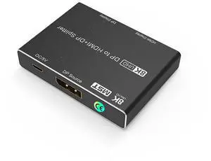 8K DP Input to DP & HDMI Output Splitter, Vszerda Displayport MST Hub Splitter Support DP 1.4 in to DP1.4 & HDMI 2.1 Out at 8K@30Hz 4K@144Hz