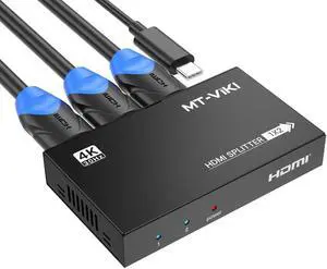 MT-VIKI Upgraded 4K HDMI Splitter 1 in 2 Out, 1x2 Slim Powered HDMI Splitter for Dual Monitors, 4K@30Hz, Duplicate/Mirror for PS4 Fire Stick HDTV