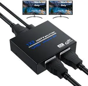 HDMI Splitter 1 in 2 Out 4K, 1x2 Powered HDMI Multi-Port Adapter for Dual Monitor, Support 4K UltraHD 3D HDR, Duplicate/Mirror Screens, Ideal for Xbox Ps5 Ps4 Ps3 Fire Stick Blu-Ray Player HDTV
