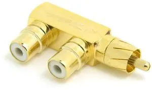 AV Audio Splitter Plug RCA Adapter 1 Male to 2 Female F Connector Gold Plated 90 Degree Angled Type