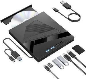 JAENFONG External DVD Drive, 7-in-1 External CD/DVD Drive for Laptop, USB DVD Burner with SD/TF Port, USB 3.0&Type-C CD ROM External Drive for Laptop Desktop PC Windows XP/7/8/10 Linux MacOS
