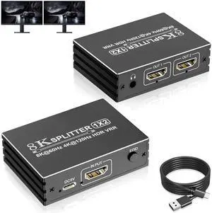 8K HDMI Splitter 1 in 2 Out - HDMI 2.1 Splitter, HDMI Splitter 1×2 Support 1 HDMI Source to 2 Displays, 8K 4K HDMI Splitter Dual Monitors Duplicate EDID UHD HDR VRR for Xbox PS5/4/3 TV