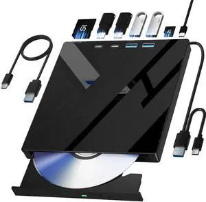 JAENFONG 7 in 1 External CD/DVD Drive for Laptop, Portable DVD Player for Laptop with SD/TF Port, External DVD Drive with USB 3.0/Type C, CD Drive USB for PC Windows Linux
