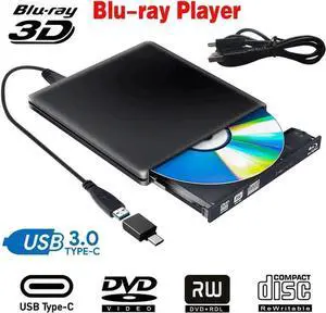 JAENFONG Aluminum External DVD Blu-Ray Player Drive, USB 3.0 Type-C CD DVD +/-RW Optical Drive USB C Burner Slim CD/DVD ROM Rewriter Writer Reader Portable for PC Laptop Deskt MacBook Mac Silver Black