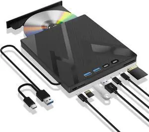 JAENFONG 7 in 1 External Blu Ray Drive, External Blueray/DVD Drive for PC with SD/TF Port Blu Ray Burner, Support 100G Disc R/W for PC External Blu Ray Drive for Windows Linux MacOS Laptop Desktop