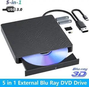 JAENFONG 5 in 1 External Blu ray Drive, Multifunctional USB 3.0 Type-C 3D External Blu-ray Slim Optical Drive CD DVD Drive Burner with SD/TF Card Reader/2 USB 3.0 Hubs for Windows XP/7/8/10/11, MacOS