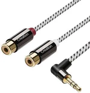 JAENFONG 3.5mm to 2RCA Female Cable, Angle 3.5mm Mini-Jack to RCA Stereo Audio Y Cable Gold Plated, Compatible with iPhone,iPod,MP3,Tablets,HiFi Stereo System, Speaker,3FT/0.92M