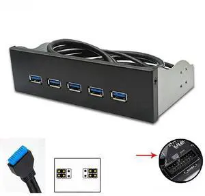 JAENFONG FOR 20Pin 5Port USB 3.0 Front Panel 5Gbps USB3.0 Hub Expansion Cable Adapter Metal Bracket for PC Desktop 5.25 inch CD-ROM Drive Bay