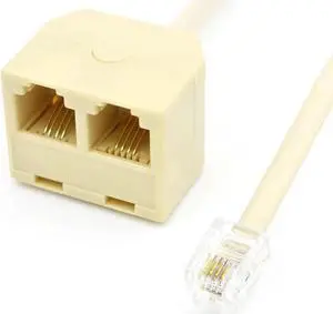 6P4CSPL1X2 RJ11 Male to Female 6P4C 2 Way Outlet Telephone Jack Line Splitter Adapter Converter Cable - Beige