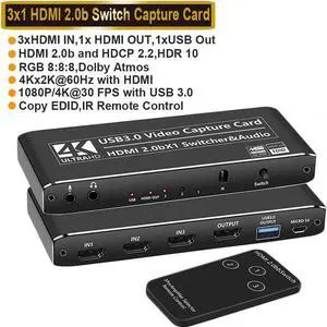 3X1 4K@60Hz External Capture Card, Stream and Record in 4K 60fps with HDMI Loop Microphone & Audio for PS5, PS4/Pro, Xbox Series X/S, Xbox One X/S, works with PC and Mac